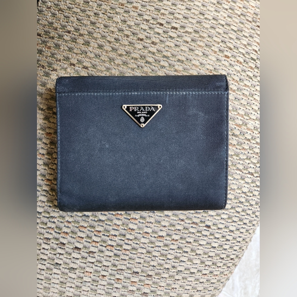 PRADA Logo Plate Black Nylon Leather Trifold Wallet/6X1273